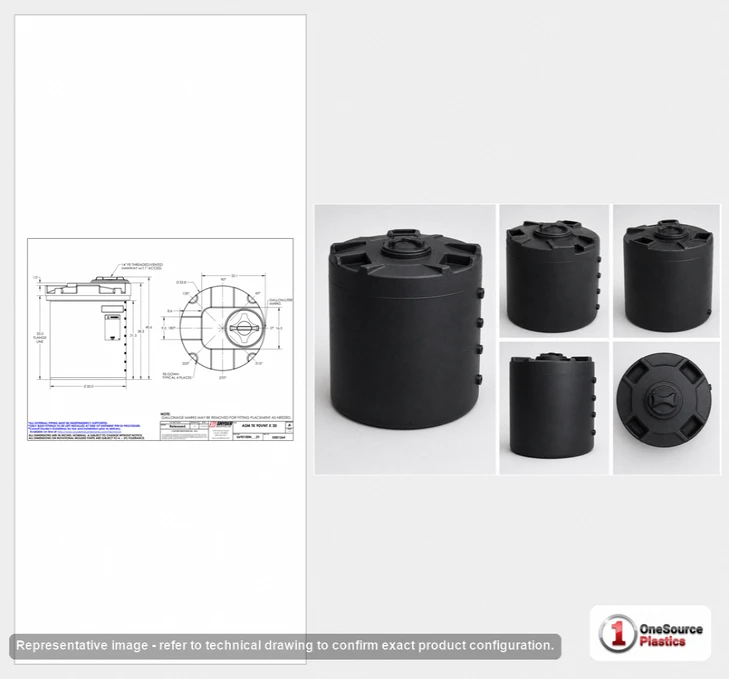 Dimensional spec drawing for Snyder 90 Gallon Vertical Storage Tank (34" L x 34" W x 41" H)