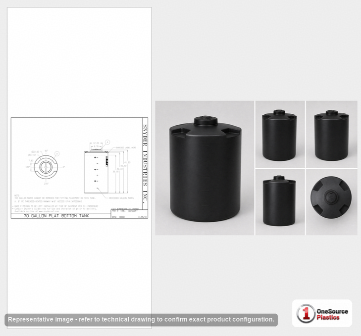 Dimensional spec drawing for Snyder 70 Gallon Vertical Storage Tank (23" L x 23" W x 42" H)