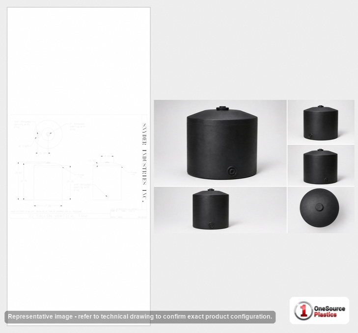 Dimensional spec drawing for Snyder 22 Gallon Vertical Storage Tank (18" L x 18" W x 23" H)