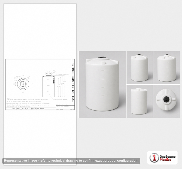 Dimensional spec drawing for Snyder 70 Gallon Vertical Storage Tank (23" L x 23" W x 42" H)