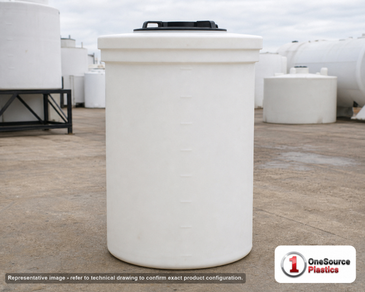 Snyder Industries 60 Gallon ASTM XLPE Heavy Duty Vertical Storage Tank. Crosslinked Linear Polyethylene; Natural White; dimensions 40.0in H x 26.0in W x 26.0in L; 26.0 lb empty; 1.9 specific gravity rating; fittings: 1 Manway / Lid; max temp 140 deg  F / 60 deg  C; 3 Year Warranty. Manufacturer part number 5680000n42. Manufactured by Snyder. Sold by OneSource Plastics (https://www.onesourceplastics.com).