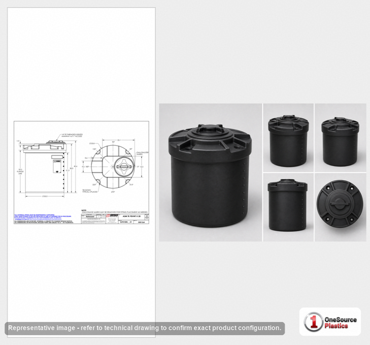 Dimensional spec drawing for Snyder 90 Gallon Vertical Storage Tank (34" L x 34" W x 41" H)