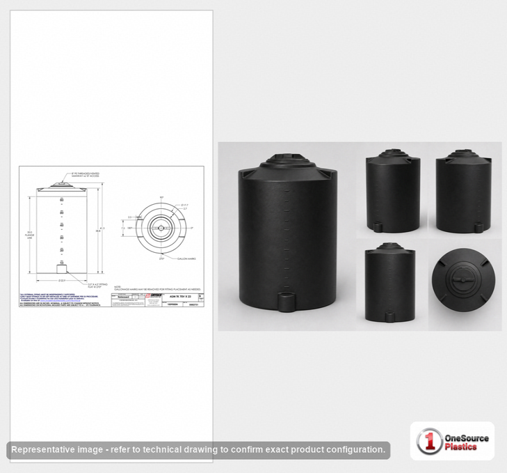 Dimensional spec drawing for Snyder 70 Gallon Vertical Storage Tank (23" L x 23" W x 41" H)