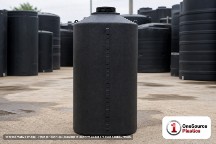 Snyder Industries 65 Gallon ASTM Black Heavy Duty Vertical Storage Tank. High Density Linear Polyethylene; Black; dimensions 46.0in H x 23.0in W x 23.0in L; 28.0 lb empty; 1.9 specific gravity rating; fittings: 1 Manway / Lid; max temp 120 deg  F / 48 deg  C; 3 Year Warranty. Manufacturer part number 1550000n51. Sold by OneSource Plastics (https://www.onesourceplastics.com).