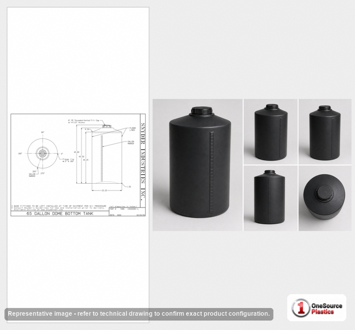 Dimensional spec drawing for Snyder 65 Gallon Vertical Storage Tank (23" L x 23" W x 46" H)