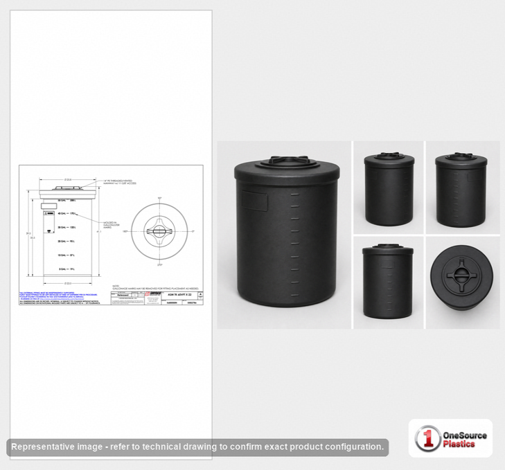 Dimensional spec drawing for Snyder 60 Gallon Vertical Storage Tank (26" L x 26" W x 40" H)