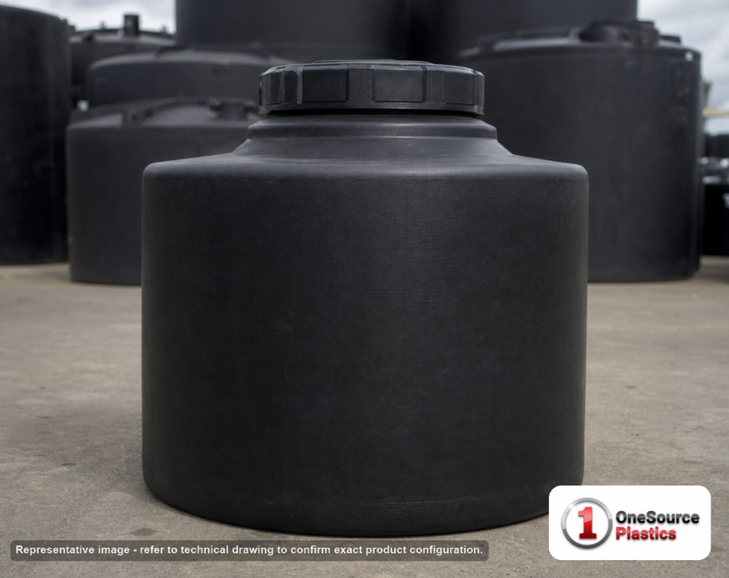Snyder Industries 30 Gallon ASTM Black Heavy Duty Vertical Storage Tank. High Density Linear Polyethylene; Black; dimensions 23.0in H x 23.0in W x 23.0in L; 18.0 lb empty; 1.9 specific gravity rating; fittings: 1 Manway / Lid; max temp 120 deg  F / 48 deg  C; 3 Year Warranty. Manufacturer part number 1541000n51. Sold by OneSource Plastics (https://www.onesourceplastics.com).