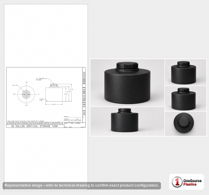 Dimensional spec drawing for Snyder 30 Gallon Vertical Storage Tank (23" L x 23" W x 23" H)