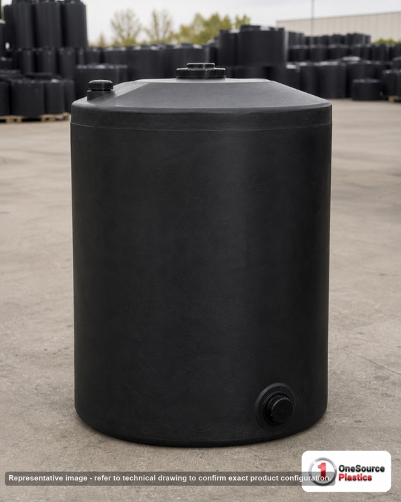 Snyder Industries 22 Gallon ASTM Black Heavy Duty Vertical Storage Tank. High Density Linear Polyethylene; Black; dimensions 23.0in H x 18.0in W x 18.0in L; 9.0 lb empty; 1.9 specific gravity rating; fittings: 1 Manway / Lid; max temp 120 deg  F / 48 deg  C; 3 Year Warranty. Manufacturer part number 1530000n51. Sold by OneSource Plastics (https://www.onesourceplastics.com).