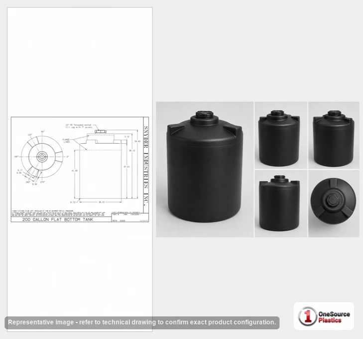 Dimensional spec drawing for Snyder 200 Gallon Vertical Storage Tank (36" L x 36" W x 59" H)