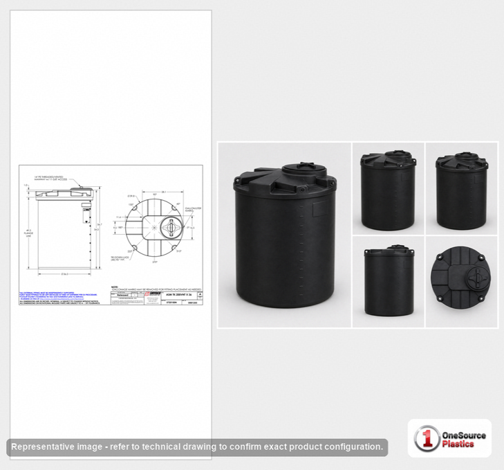 Dimensional spec drawing for Snyder 200 Gallon Vertical Storage Tank (40" L x 40" W x 57" H)