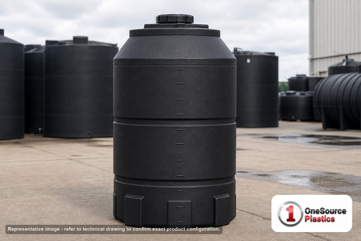 Snyder Industries 200 Gallon ASTM XLPE Black Heavy Duty Vertical Storage Tank. Crosslinked Linear Polyethylene; Black; dimensions 69.0in H x 33.0in W x 33.0in L; 80.0 lb empty; 1.9 specific gravity rating; fittings: 1 Manway / Lid; max temp 140 deg  F / 60 deg  C; 3 Year Warranty. Manufacturer part number 8020000n48. Manufactured by Snyder. Sold by OneSource Plastics (https://www.onesourceplastics.com).
