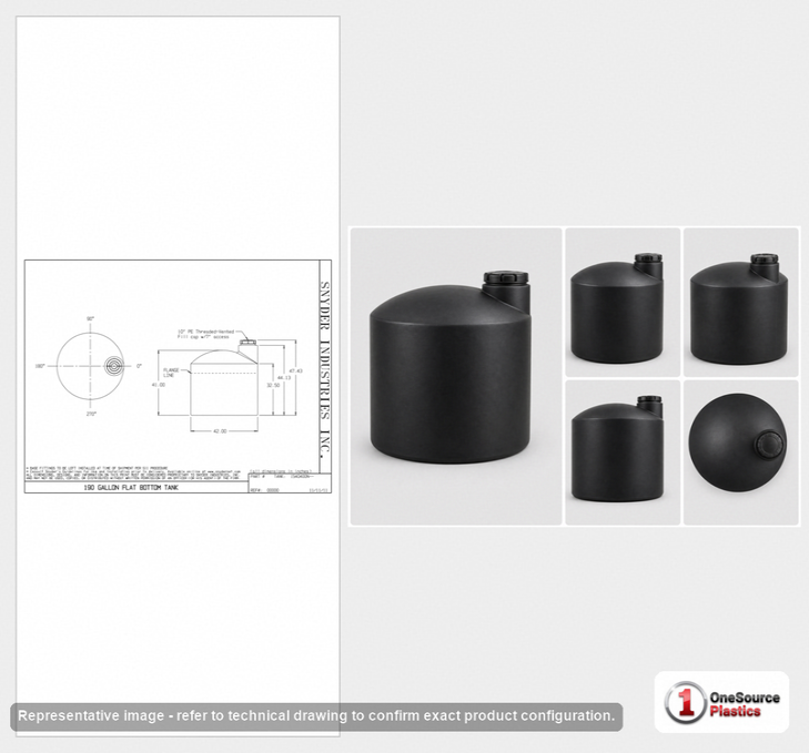 Dimensional spec drawing for Snyder 190 Gallon Vertical Storage Tank (42" L x 42" W x 47" H)