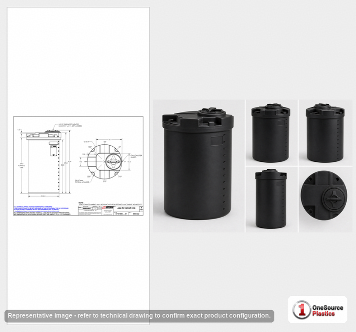 Dimensional spec drawing for Snyder 150 Gallon Vertical Storage Tank (34" L x 34" W x 61" H)