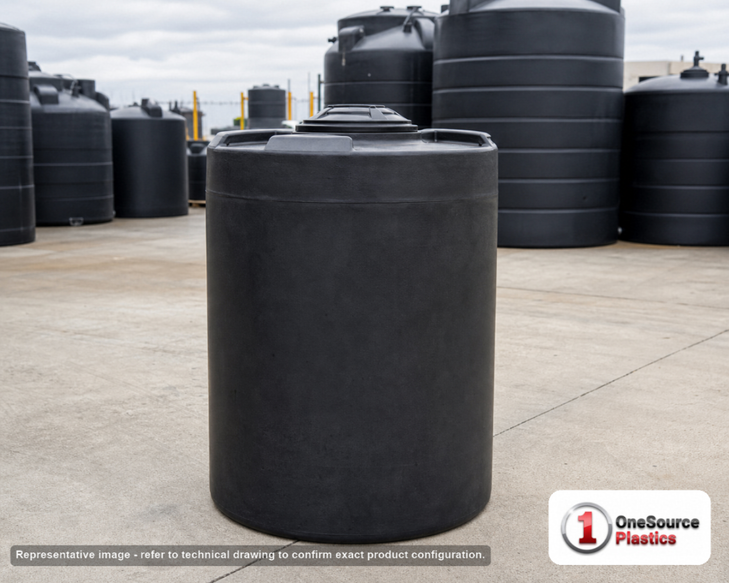 Snyder Industries 130 Gallon ASTM XLPE Black Heavy Duty Vertical Storage Tank. Crosslinked Linear Polyethylene; Black; dimensions 49.0in H x 29.0in W x 29.0in L; 45.0 lb empty; 1.9 specific gravity rating; fittings: 1 Manway / Lid; max temp 140 deg  F / 60 deg  C; 3 Year Warranty. Manufacturer part number 1009500n48. Manufactured by Snyder. Sold by OneSource Plastics (https://www.onesourceplastics.com).