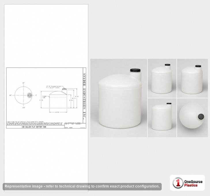 Dimensional spec drawing for Snyder 190 Gallon Vertical Storage Tank (42" L x 42" W x 47" H)