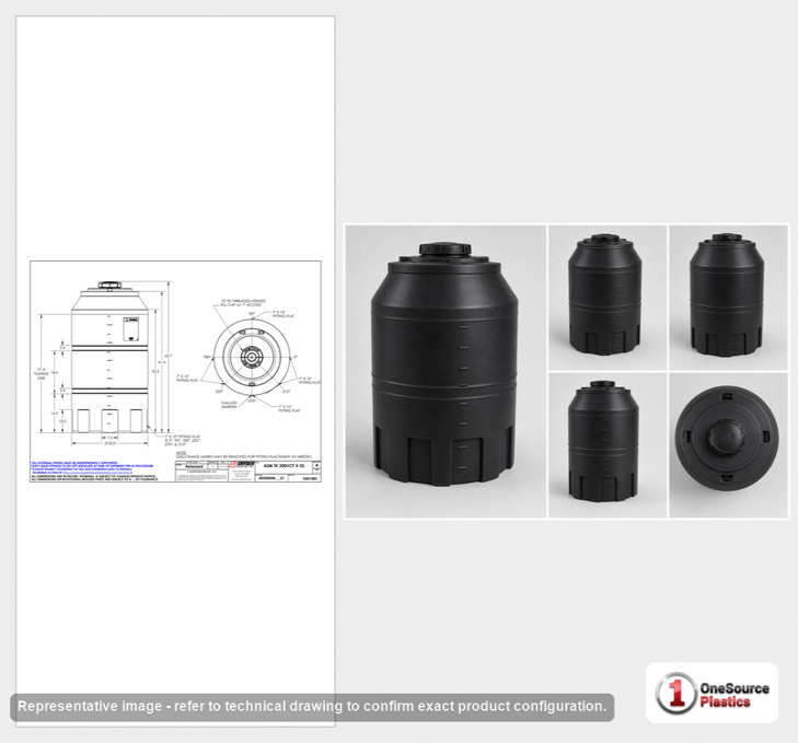 Dimensional spec drawing for Snyder 200 Gallon Vertical Storage Tank (33" L x 33" W x 69" H)
