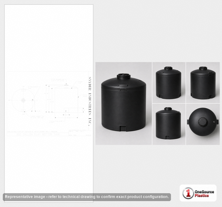 Dimensional spec drawing for Snyder 200 Gallon Vertical Storage Tank (40" L x 40" W x 48" H)