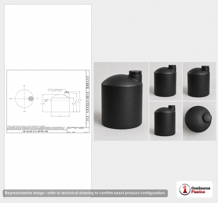 Dimensional spec drawing for Snyder 190 Gallon Vertical Storage Tank (42" L x 42" W x 47" H)