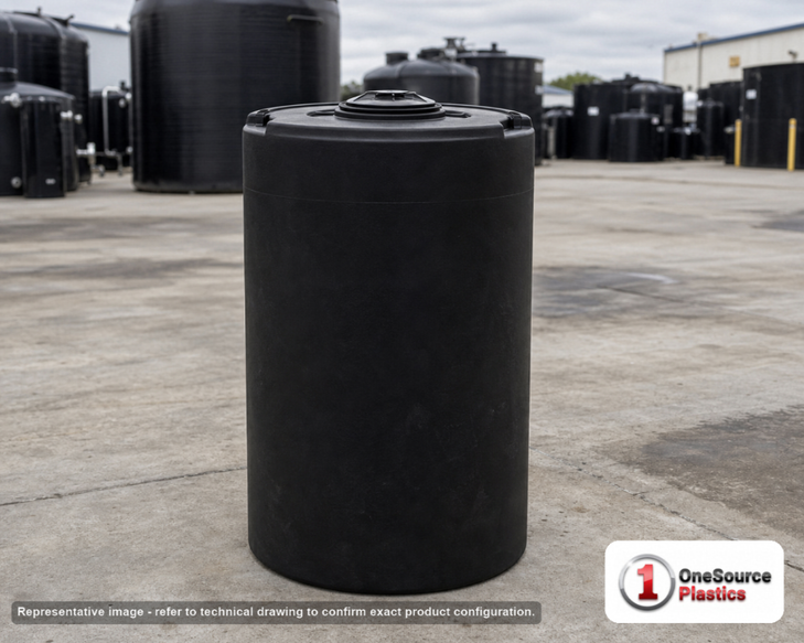 Snyder Industries 130 Gallon ASTM Black Heavy Duty Vertical Storage Tank. Polyethylene; Black; dimensions 49.0in H x 29.0in W x 29.0in L; 45.0 lb empty; 1.9 specific gravity rating; fittings: 1 Manway / Lid; max temp 120 deg  F / 48 deg  C; 3 Year Warranty. Manufacturer part number 1009500n51. Manufactured by Snyder. Sold by OneSource Plastics (https://www.onesourceplastics.com).