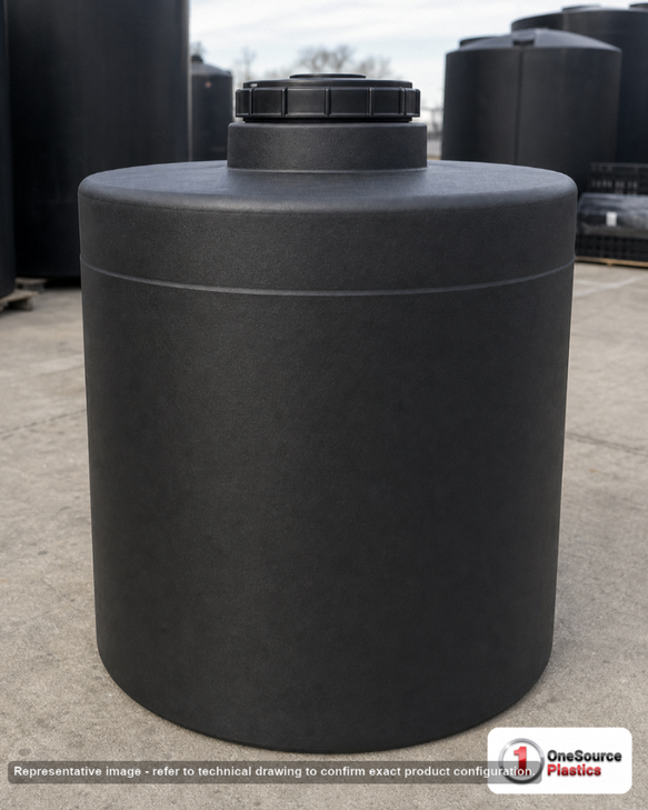 Snyder Industries 120 Gallon ASTM Black Heavy Duty Vertical Storage Tank. Polyethylene; Black; dimensions 39.0in H x 32.0in W x 32.0in L; 45.0 lb empty; 1.9 specific gravity rating; fittings: 1 Manway / Lid; max temp 120 deg  F / 48 deg  C; 3 Year Warranty. Manufacturer part number 1540200n51. Manufactured by Snyder. Sold by OneSource Plastics (https://www.onesourceplastics.com).