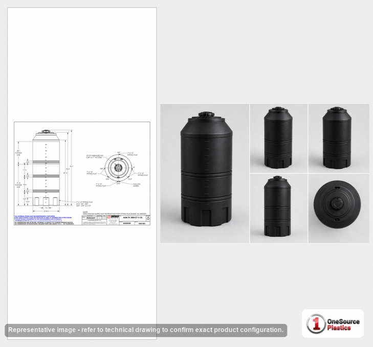 Dimensional spec drawing for Snyder 300 Gallon Vertical Storage Tank (33" L x 33" W x 94" H)