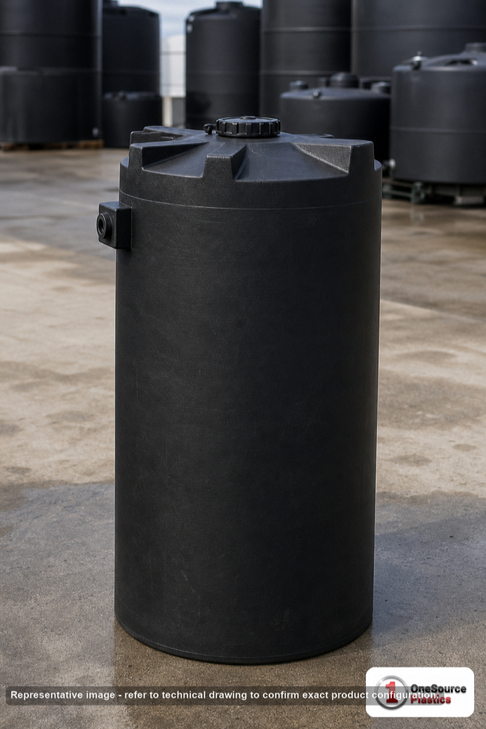 Snyder Industries 300 Gallon ASTM XLPE Black Heavy Duty Vertical Storage Tank. Crosslinked Linear Polyethylene; Black; dimensions 82.0in H x 36.0in W x 36.0in L; 100.0 lb empty; 1.9 specific gravity rating; fittings: 1 Manway / Lid; max temp 140 deg  F / 60 deg  C; 3 Year Warranty. Manufacturer part number 1630100n48. Manufactured by Snyder. Sold by OneSource Plastics (https://www.onesourceplastics.com).
