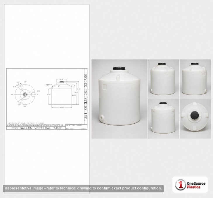 Dimensional spec drawing for Snyder 330 Gallon Vertical Storage Tank (48" L x 48" W x 55" H)