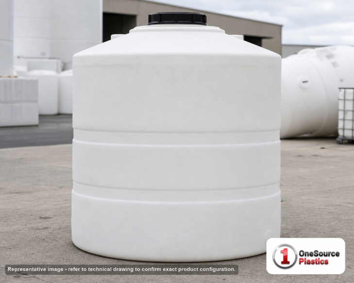 Snyder Industries 300 Gallon ASTM XLPE Heavy Duty Vertical Storage Tank. Crosslinked Linear Polyethylene; Natural White; dimensions 51.0in H x 46.0in W x 46.0in L; 75.0 lb empty; 1.9 specific gravity rating; fittings: 1 Manway / Lid; max temp 140 deg  F / 60 deg  C; 3 Year Warranty. Manufacturer part number 8040000n42. Sold by OneSource Plastics (https://www.onesourceplastics.com).