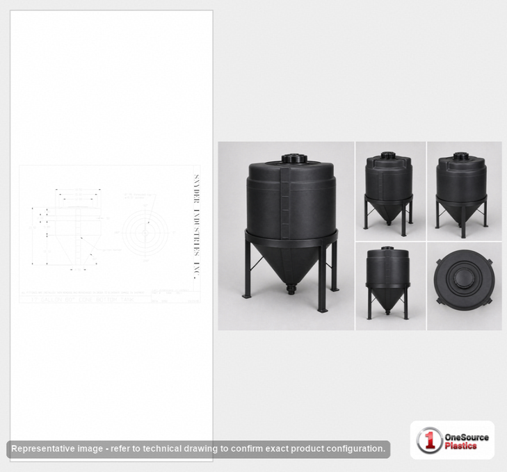 Dimensional spec drawing for Snyder 17 Gallon Cone Bottom Tank (19" L x 19" W x 24" H)