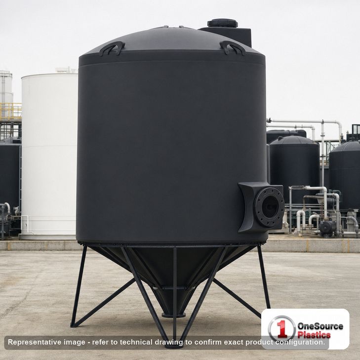 Snyder Industries 1650 Gallon Heavy Duty Cone Bottom Tank. 1650 gallon capacity; High Density Linear Polyethylene; Black; dimensions 94.0in H x 86.0in W x 86.0in L; 300.0 lb empty; 1.9 specific gravity rating; 30-degree cone bottom; fittings: 1 Manway / Lid; max temp 100 deg  F / 37 deg  C. Manufacturer part number 1910000n51. Manufactured by Snyder. Sold by OneSource Plastics (https://www.onesourceplastics.com).