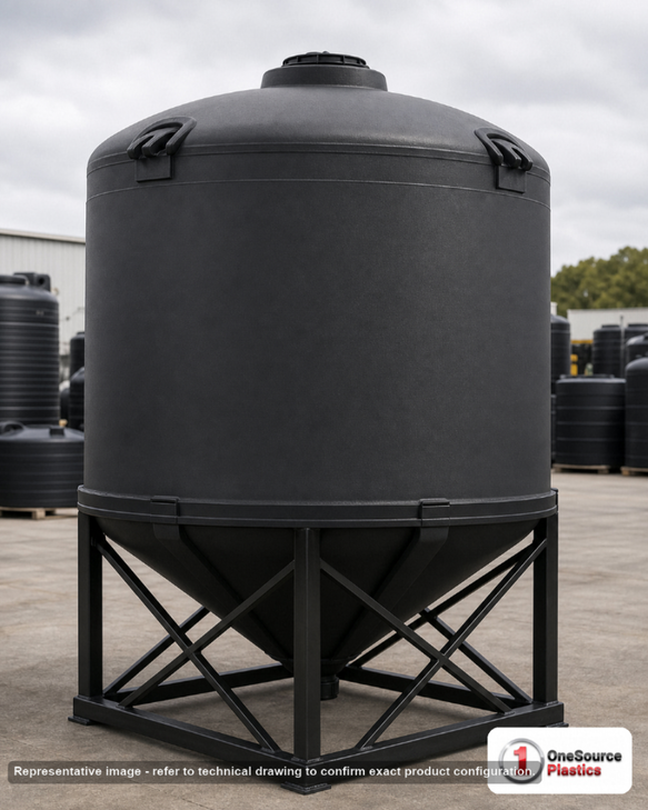 Snyder Industries 1000 Gallon Heavy Duty Cone Bottom Tank. 1000 gallon capacity; High Density Linear Polyethylene; Black; dimensions 66.0in H x 86.0in W x 86.0in L; 210.0 lb empty; 1.9 specific gravity rating; 30-degree cone bottom; fittings: 1 Manway / Lid; max temp 100 deg  F / 37 deg  C. Manufacturer part number 1890000n51. Manufactured by Snyder. Sold by OneSource Plastics (https://www.onesourceplastics.com).