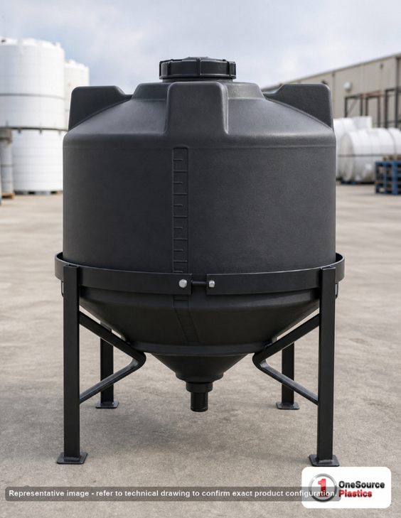Snyder Industries 65 Gallon Heavy Duty Cone Bottom Mixing Tank. High Density Linear Polyethylene; Black; dimensions 31.0in H x 30.0in W x 30.0in L; 23.0 lb empty; 1.9 specific gravity rating; fittings: 1 Manway / Lid; max temp 100 deg  F / 37 deg  C. Manufacturer part number 1560000n51. Sold by OneSource Plastics (https://www.onesourceplastics.com).