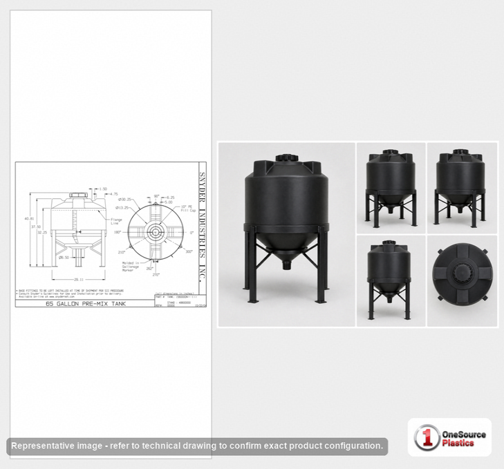 Dimensional spec drawing for Snyder 65 Gallon Cone Bottom Tank (30" L x 30" W x 31" H)