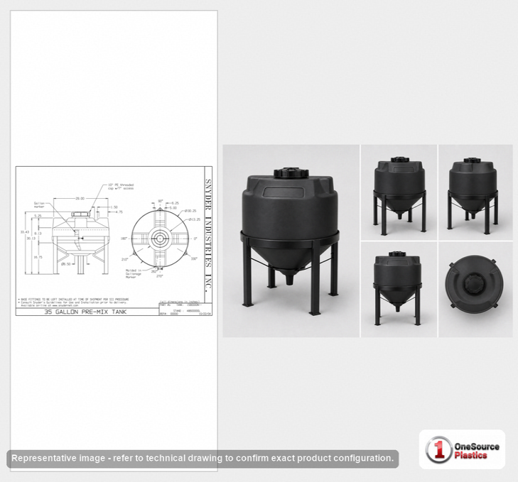 Dimensional spec drawing for Snyder 35 Gallon Cone Bottom Tank (30" L x 30" W x 24" H)