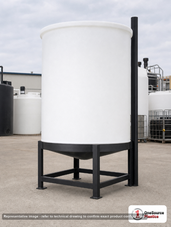 Chem-Tainer 250 Gallon 20 Degree Plastic Vertical Open Top Cone Bottom Tank. 250.0 gallon capacity; Polyethylene; dimensions 46.0in H x 42.0in W x 42.0in L; 100.0 lb empty; 1.5 specific gravity rating. Manufacturer part number TC4246CA. Sold by OneSource Plastics (https://www.onesourceplastics.com).