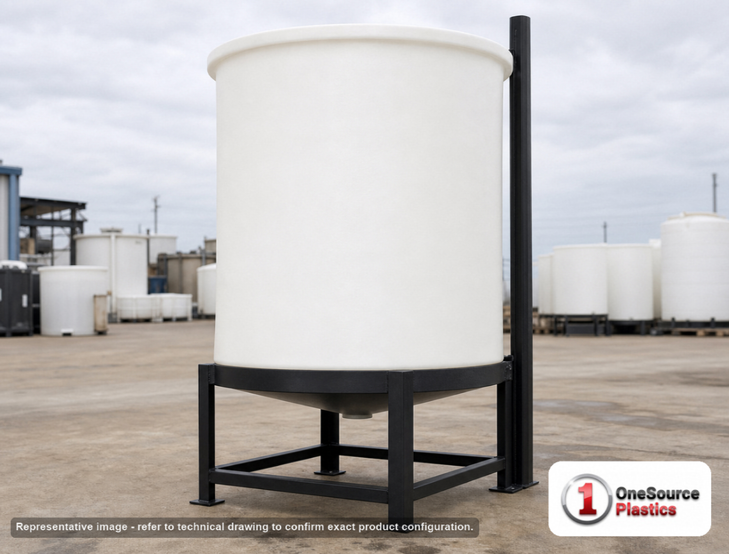 Chem-Tainer 350 Gallon 20 Degree Plastic Vertical Cone Bottom Tank. 350.0 gallon capacity; Polypropylene; dimensions 60.0in H x 45.0in W x 45.0in L; 120.0 lb empty; 2.0 specific gravity rating. Manufacturer part number TC4260CB. Sold by OneSource Plastics (https://www.onesourceplastics.com).
