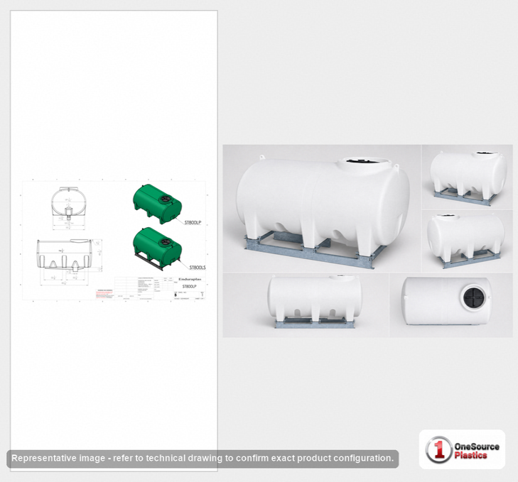 Dimensional spec drawing for Enduraplas 800 Gallon Horizontal Leg Tank (94" L x 60" W x 56" H)