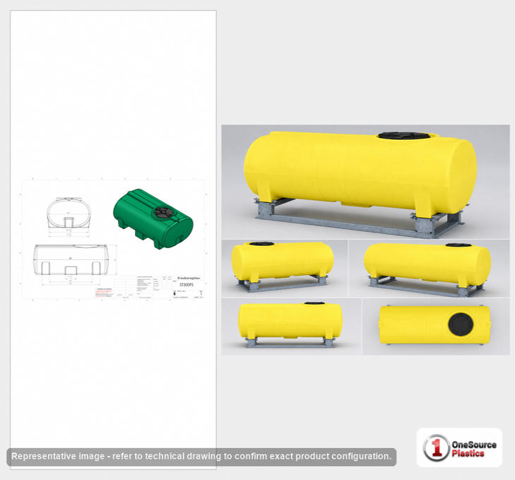 Dimensional spec drawing for Enduraplas 300 Gallon Horizontal Leg Tank (74" L x 46" W x 36" H)