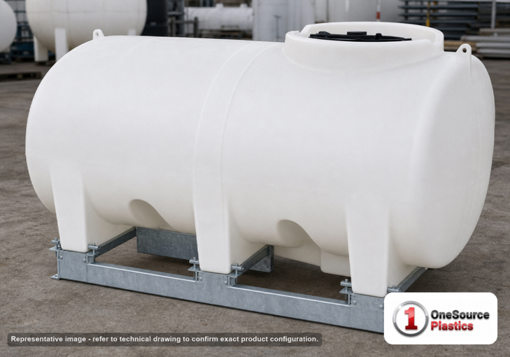 Enduraplas 500 Gallon White Horizontal Sump Bottom Leg Tank w/ Frame. Polyethylene; Natural White; dimensions 49.0in H x 57.0in W x 80.0in L; 442.0 lb empty; 1.9 specific gravity rating; fittings: 1 Manway / Lid; 10 Year Warranty with Activation. Manufacturer part number THD00500KW. Sold by OneSource Plastics (https://www.onesourceplastics.com).