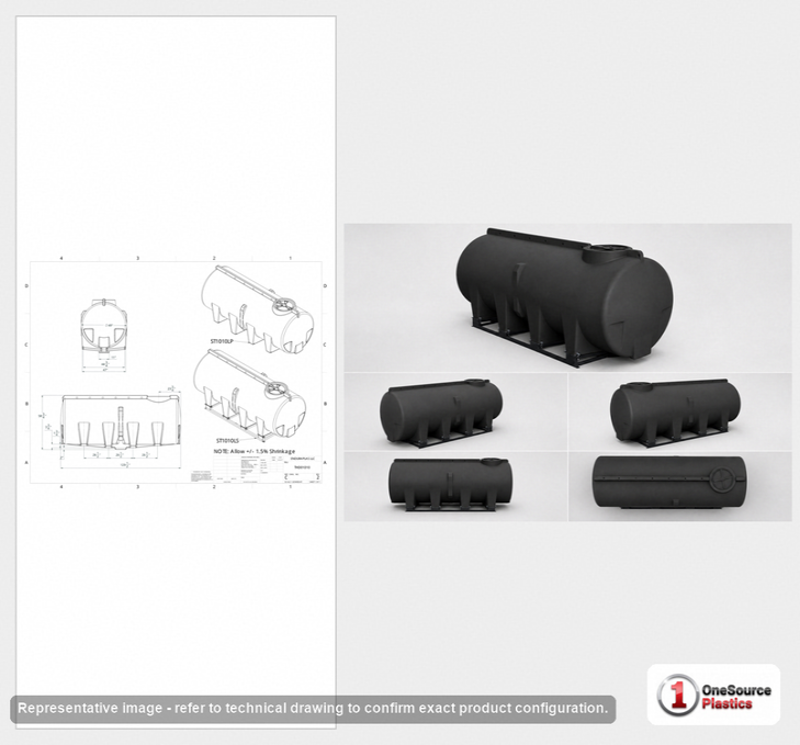 Dimensional spec drawing for Enduraplas 1010 Gallon Horizontal Leg Tank (130" L x 49" W x 59" H)