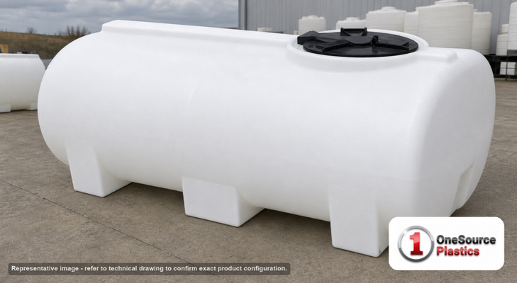 Enduraplas 300 Gallon White Horizontal Sump Bottom Leg Tank. Polyethylene; Natural White; dimensions 34.0in H x 46.0in W x 74.0in L; 154.0 lb empty; 1.9 specific gravity rating; fittings: 1 Manway / Lid; 10 Year Warranty with Activation. Manufacturer part number THD00300W. Sold by OneSource Plastics (https://www.onesourceplastics.com).