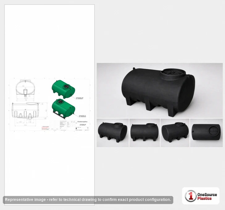 Dimensional spec drawing for Enduraplas 500 Gallon Horizontal Leg Tank (80" L x 57" W x 48" H)