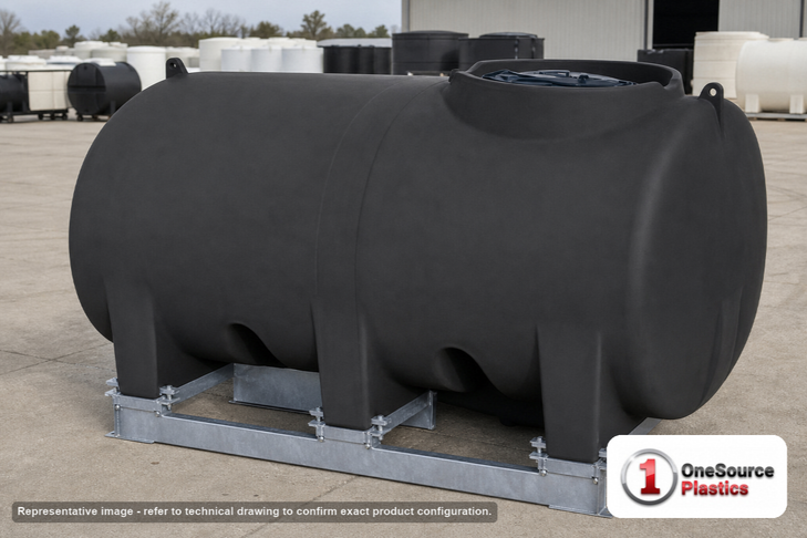 Enduraplas 800 Gallon Black Horizontal Sump Bottom Leg Tank w/ Frame. Polyethylene; Black; dimensions 56.0in H x 60.0in W x 94.0in L; 341.0 lb empty; 1.9 specific gravity rating; fittings: 1 Manway / Lid; 10 Year Warranty with Activation. Manufacturer part number THD00800KB. Sold by OneSource Plastics (https://www.onesourceplastics.com).