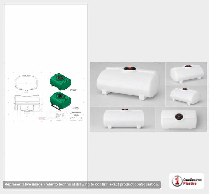 Dimensional spec drawing for Enduraplas 250 Gallon Horizontal Leg Tank (55" L x 47" W x 37" H)