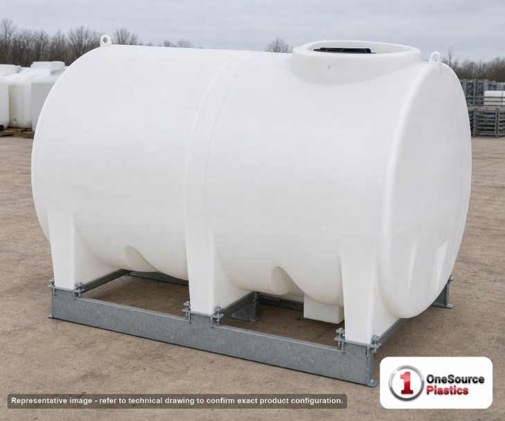 Enduraplas 1000 Gallon White Horizontal Sump Bottom Leg Tank w/ Frame. Polyethylene; Natural White; dimensions 71.0in H x 60.0in W x 94.0in L; 400.0 lb empty; 1.9 specific gravity rating; fittings: 1 Manway / Lid; 10 Year Warranty with Activation. Manufacturer part number THD01000KW. Sold by OneSource Plastics (https://www.onesourceplastics.com).