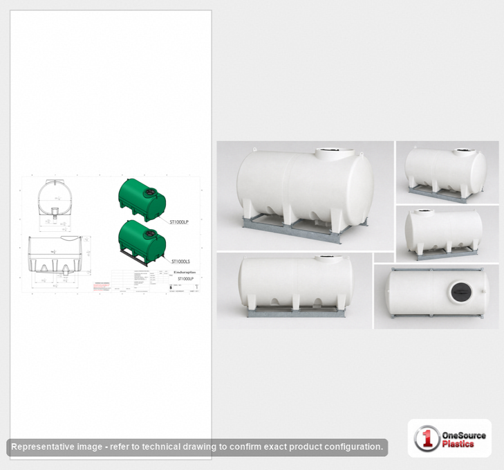 Dimensional spec drawing for Enduraplas 1000 Gallon Horizontal Leg Tank (94" L x 60" W x 71" H)