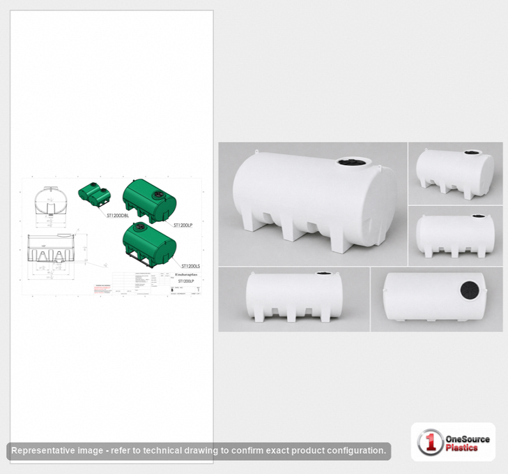 Dimensional spec drawing for Enduraplas 1200 Gallon Horizontal Leg Tank (102" L x 70" W x 63" H)