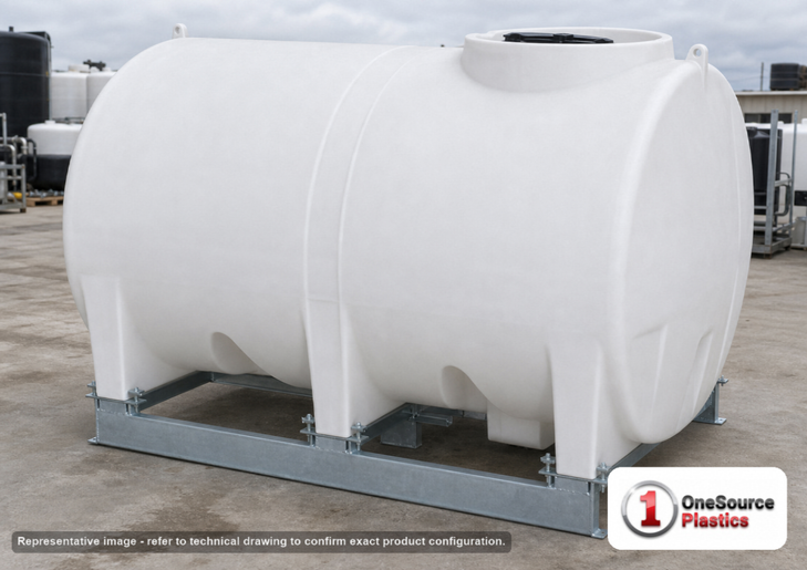 Enduraplas 1200 Gallon White Horizontal Sump Bottom Leg Tank w/ Frame. Polyethylene; Natural White; dimensions 64.0in H x 70.0in W x 102.0in L; 495.0 lb empty; 1.9 specific gravity rating; fittings: 1 Manway / Lid; 10 Year Warranty with Activation. Manufacturer part number THD01200KW. Sold by OneSource Plastics (https://www.onesourceplastics.com).