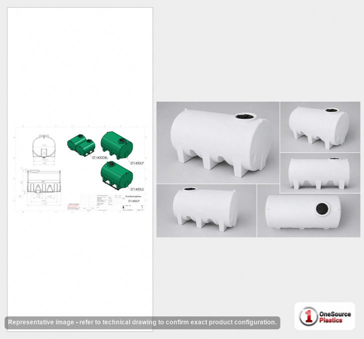 Dimensional spec drawing for Enduraplas 1400 Gallon Horizontal Leg Tank (102" L x 70" W x 70" H)